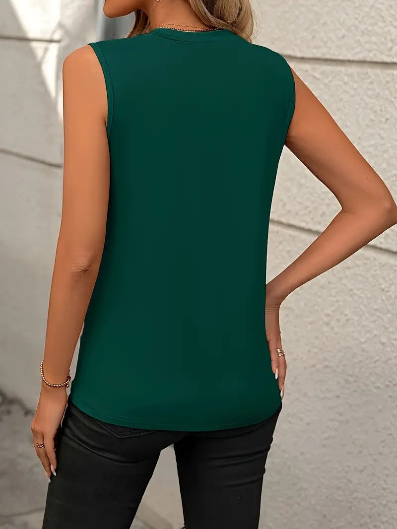 Solid Color Crew Neck Pleated Tank Top