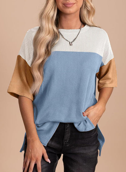 Ribbed Crew Neck Colorblock Top