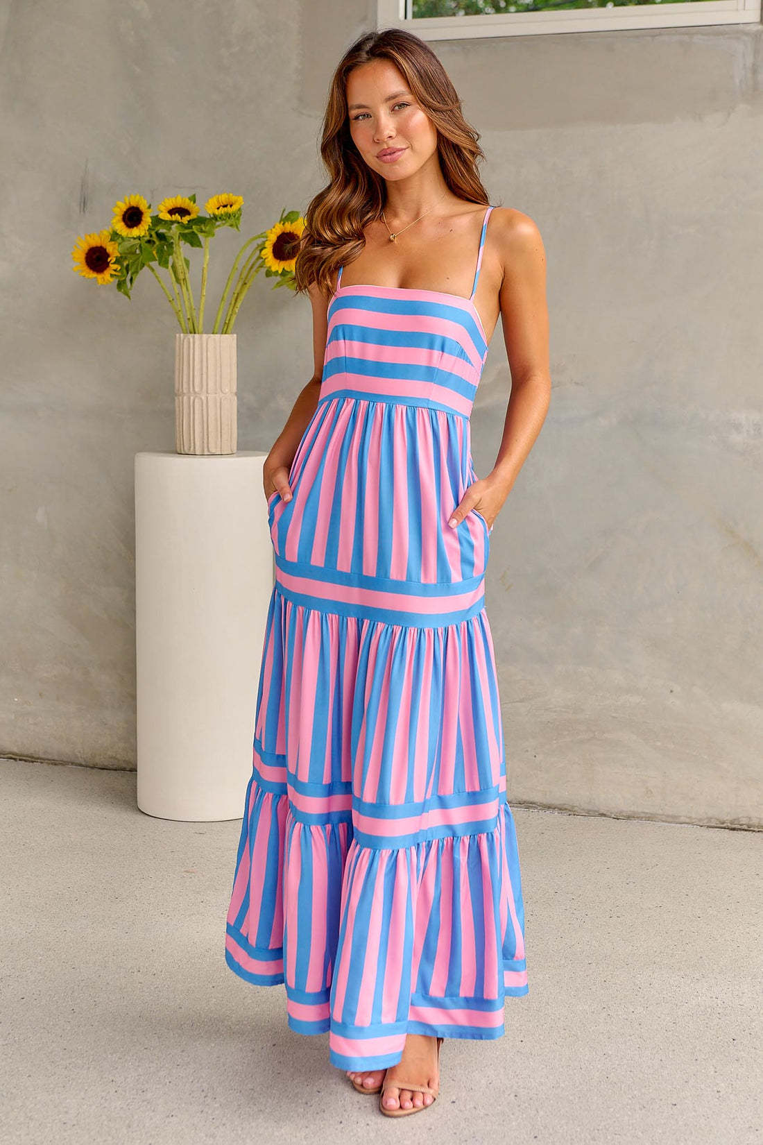 Striped Spaghetti Strap Smocked Tiered Dress