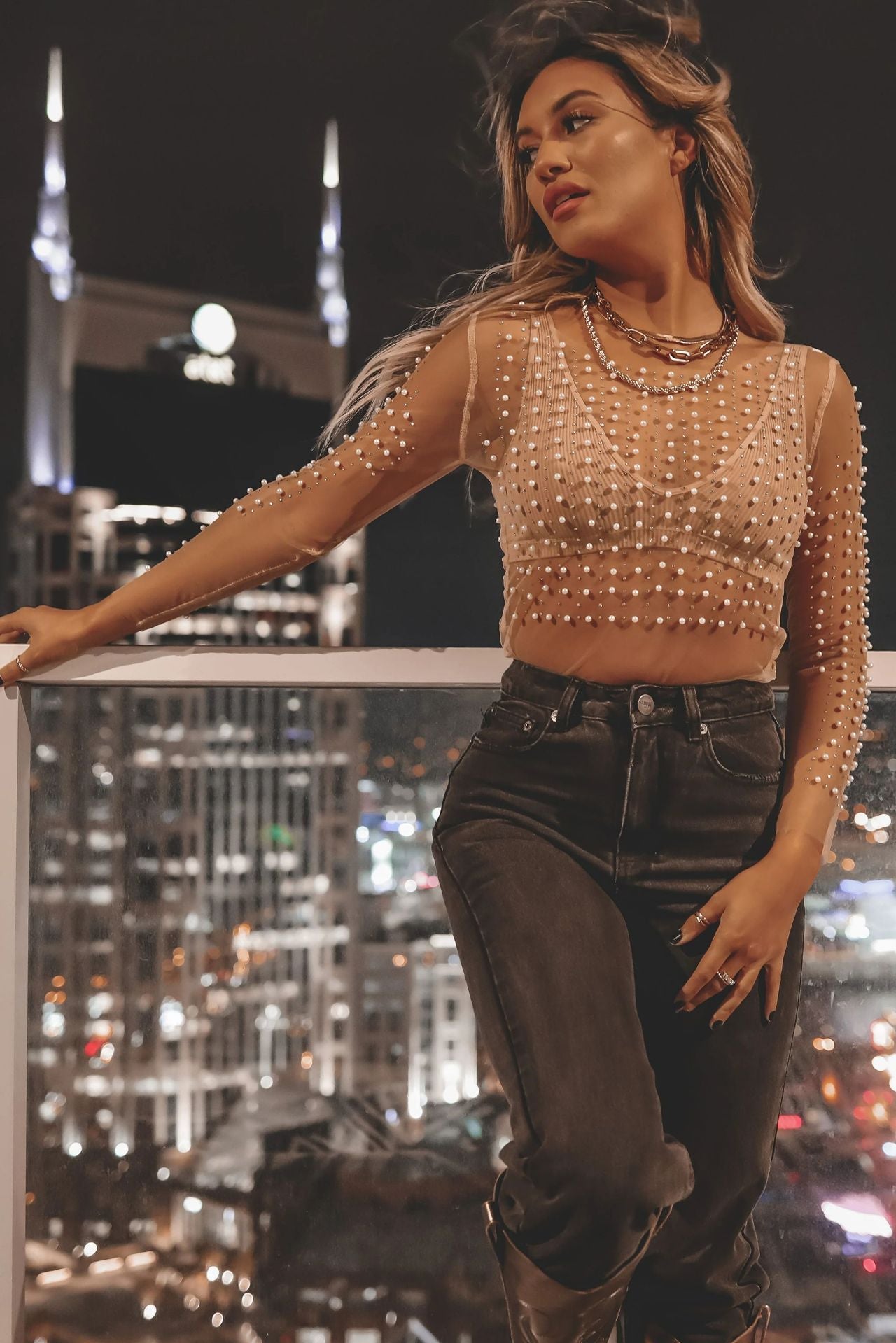 Rhinestone Pearl Mesh Top