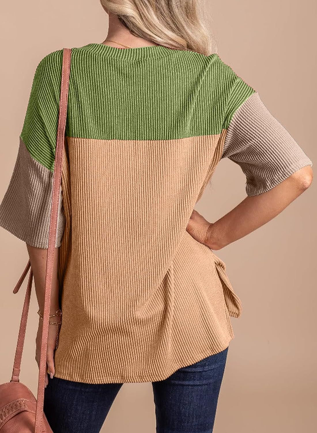 Ribbed Crew Neck Colorblock Top