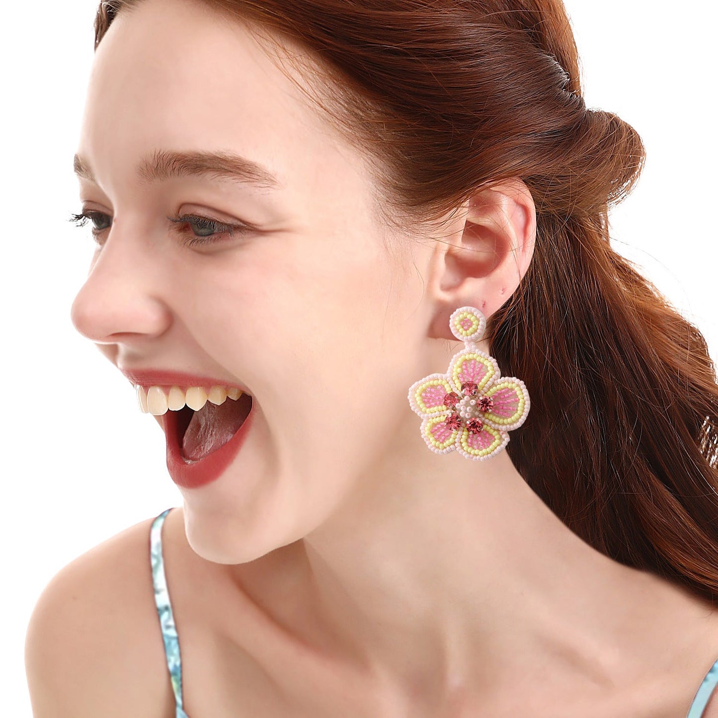 Hand-Beaded Floral Rice Bead Earrings