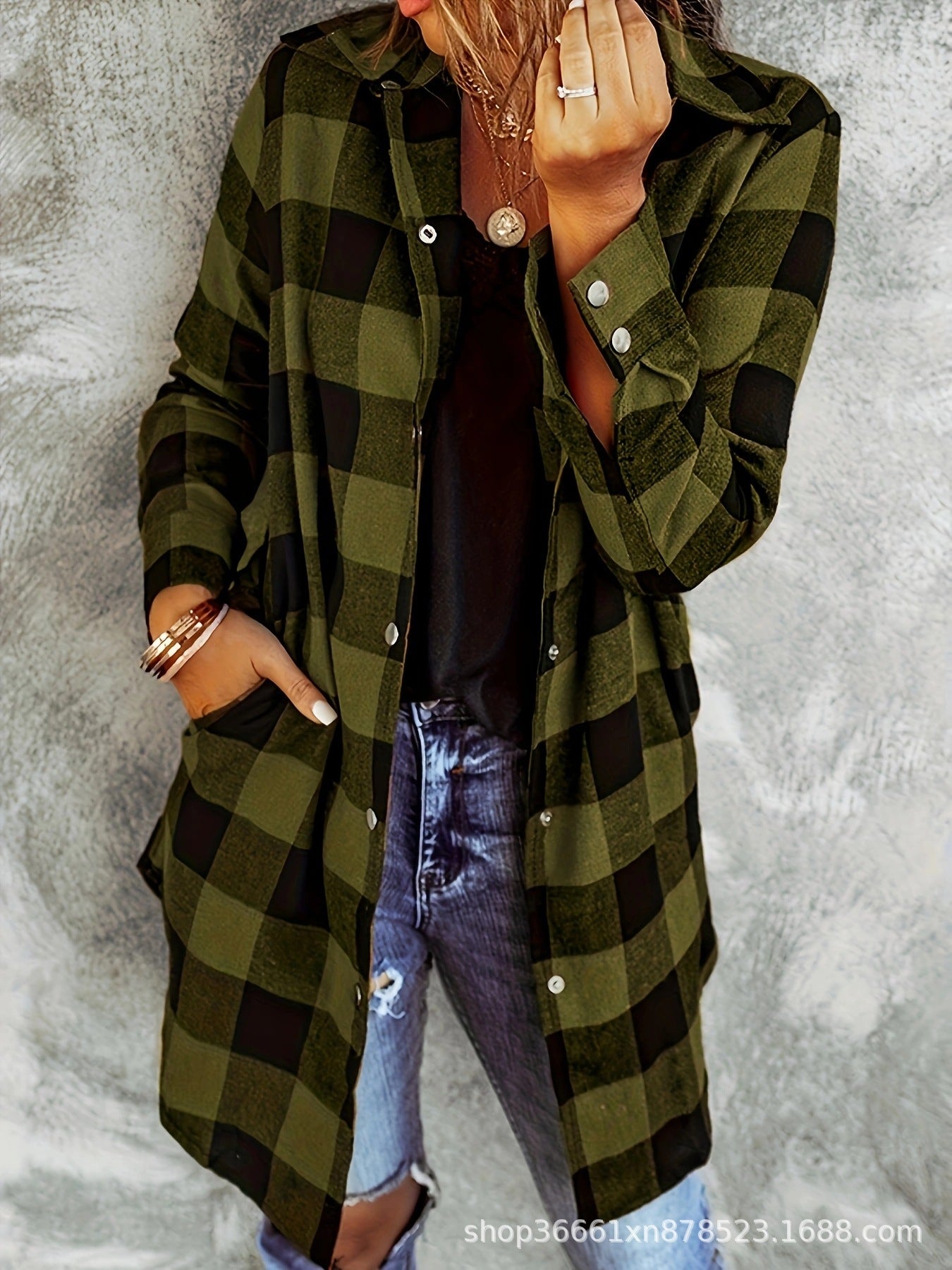 Plaid Brushed Button Midi Shirt