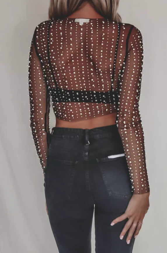 Rhinestone Pearl Mesh Top