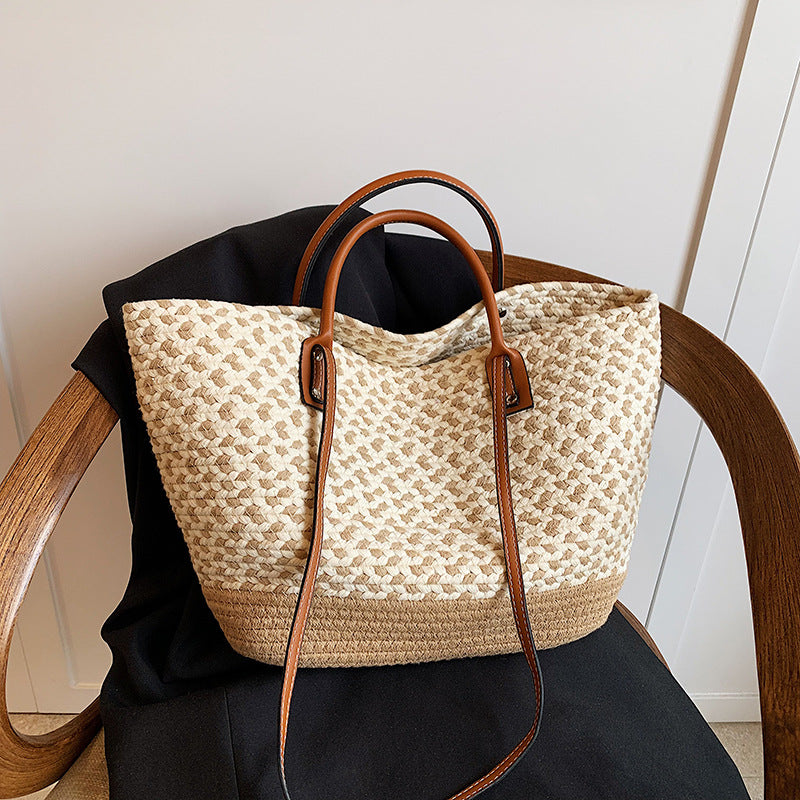 Contrast Woven Tote Shoulder Bag