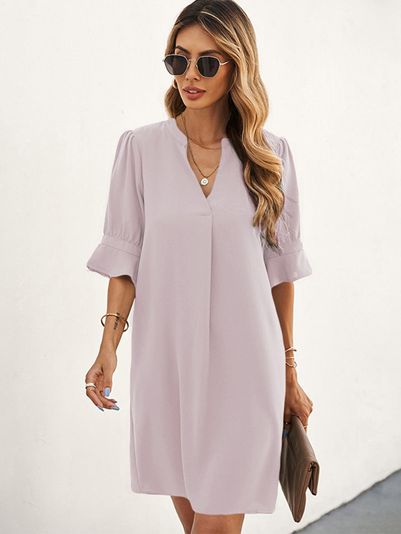 Notched Neck Flounce Sleeve Tunic Dress