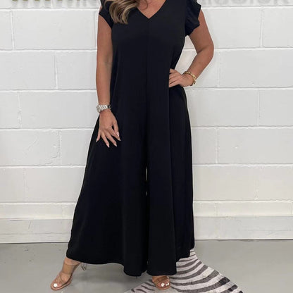 V-neck Ruffle Sleeve Wide-leg Jumpsuit