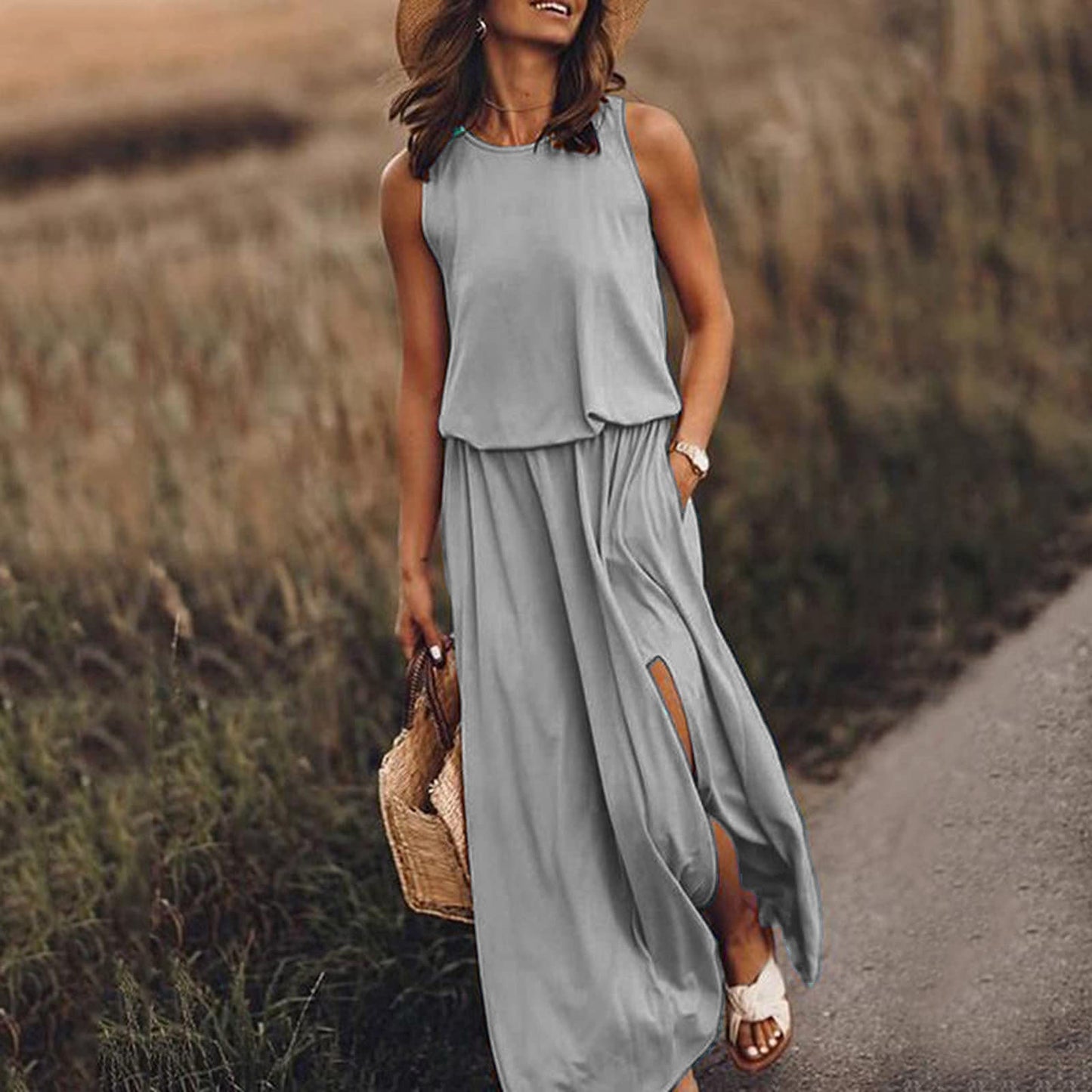 Round Neck Sleeveless Slit Dress