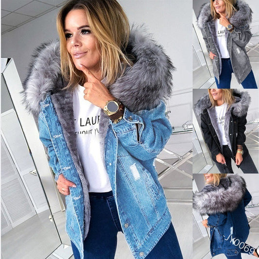 Ripped Denim Fleece Hooded Jacket