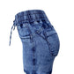 Washed Blue Elastic Waist Jeans Shorts