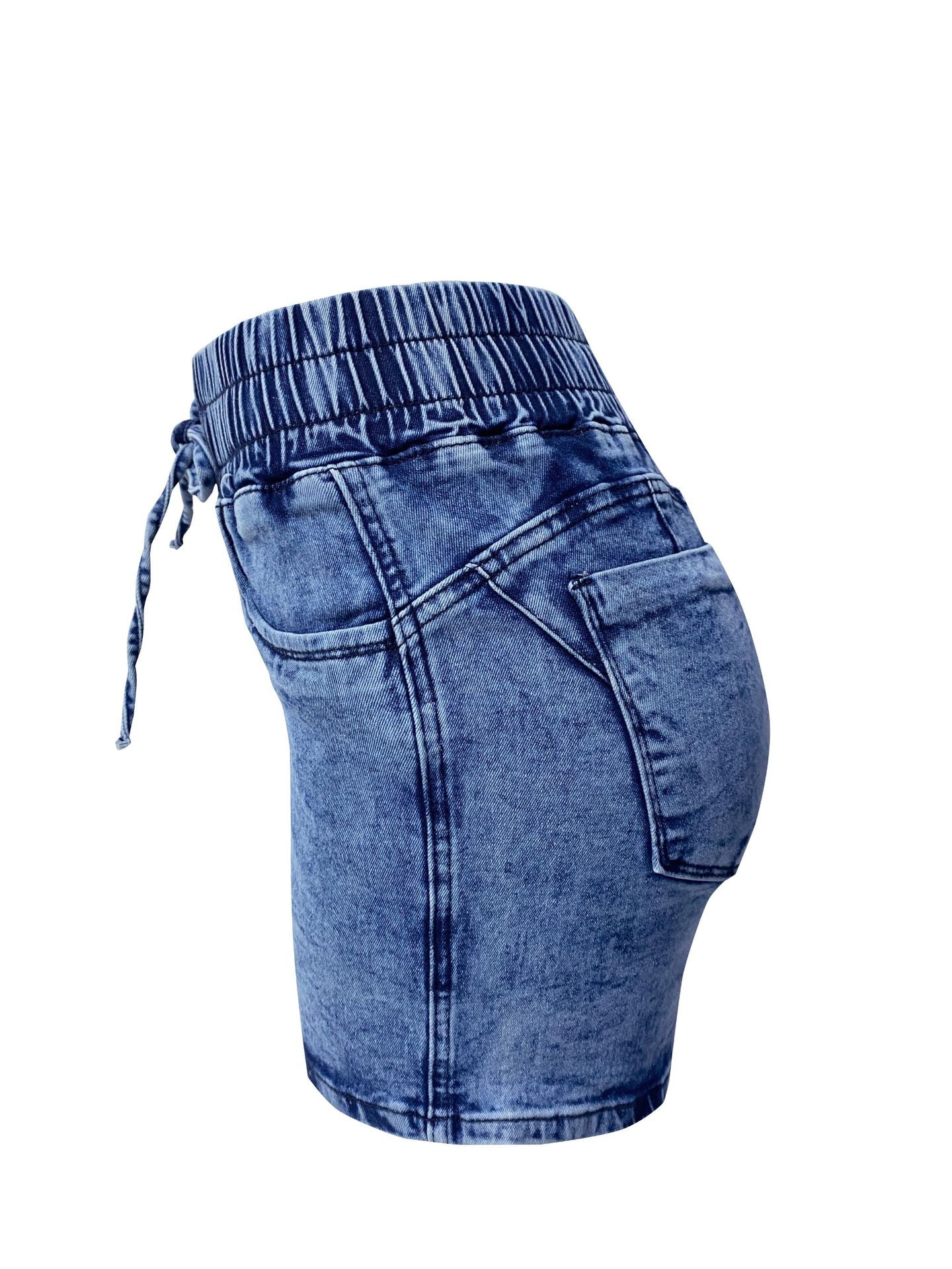 Washed Blue Elastic Waist Jeans Shorts