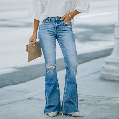 Washed Ripped Denim Flared Pants