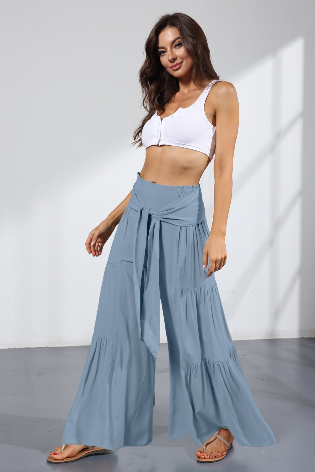 Boho Strappy Elastic Waist Wide Leg Pants