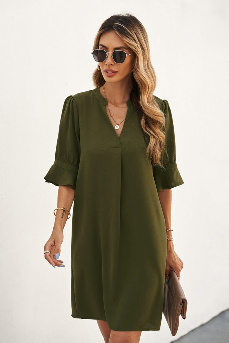 Notched Neck Flounce Sleeve Tunic Dress