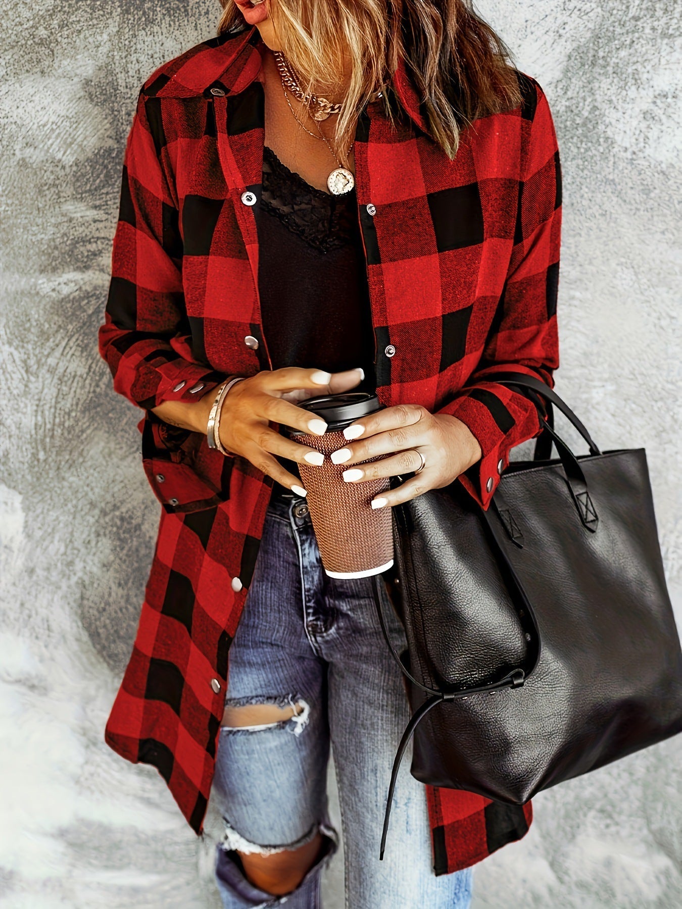 Plaid Brushed Button Midi Shirt