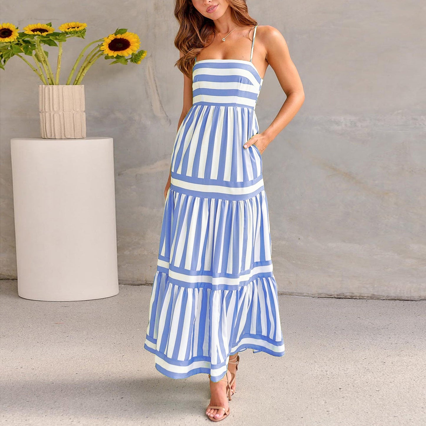 Striped Spaghetti Strap Smocked Tiered Dress