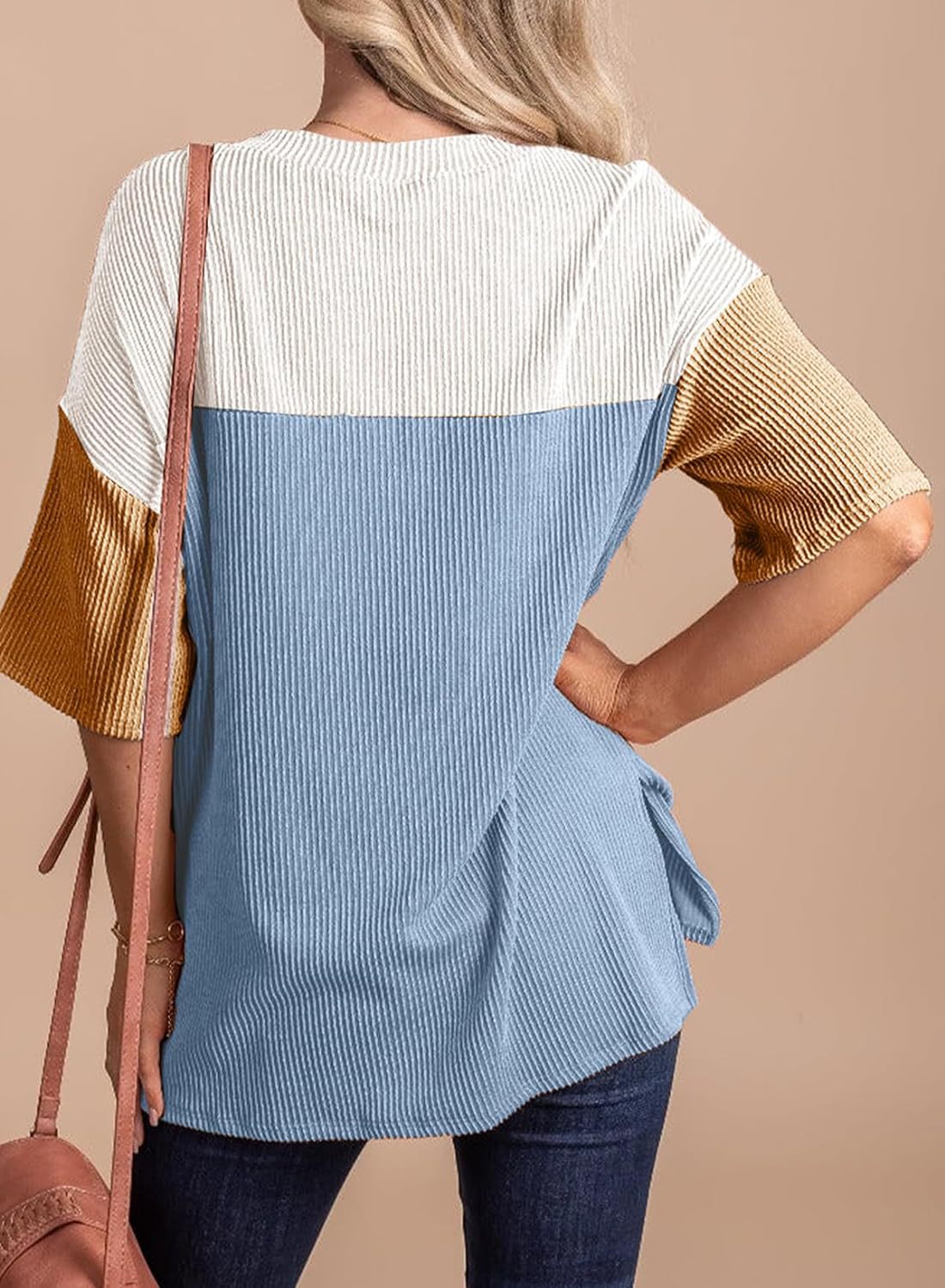 Ribbed Crew Neck Colorblock Top