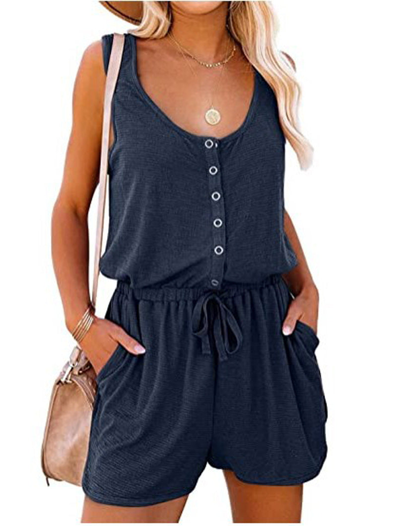 Solid Sleeveless Elastic Waist Jumpsuit