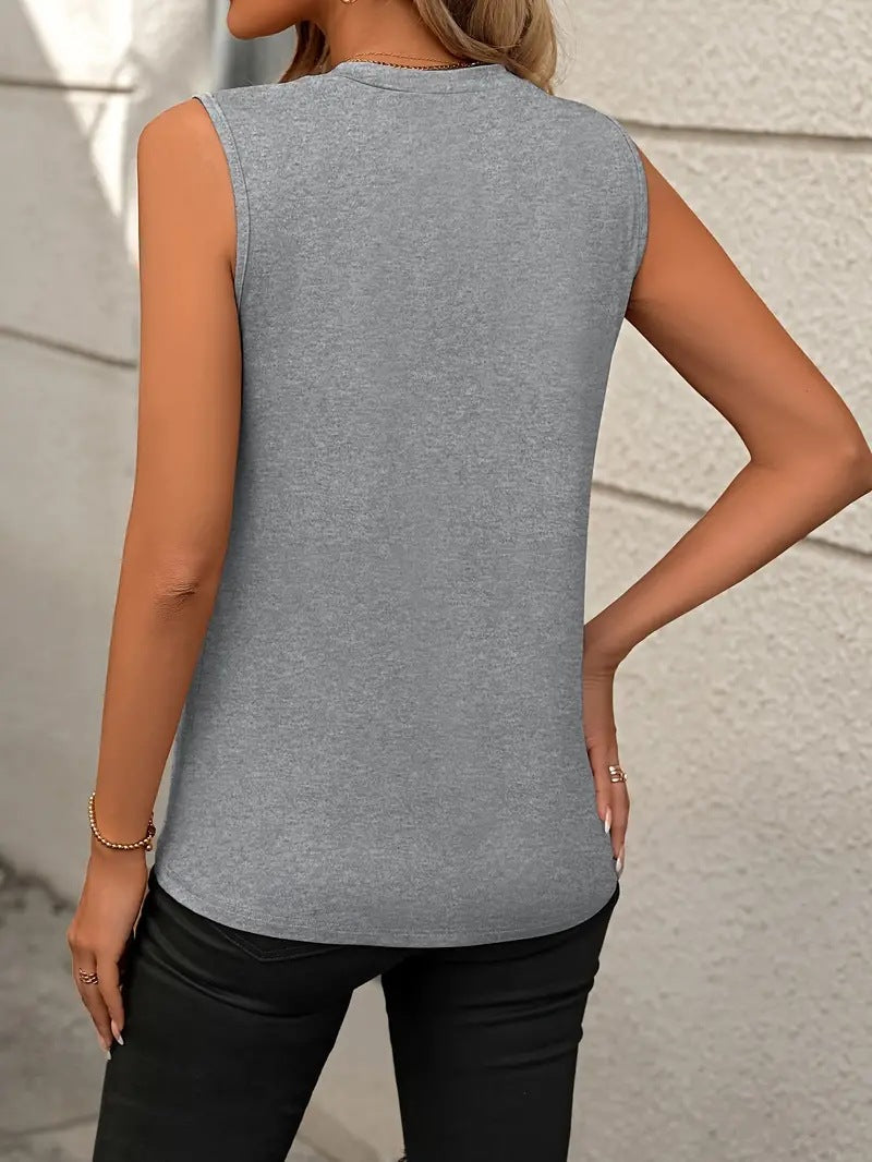 Solid Color Crew Neck Pleated Tank Top