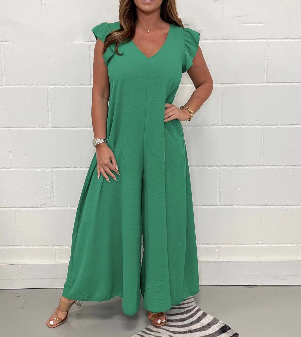 V-neck Ruffle Sleeve Wide-leg Jumpsuit