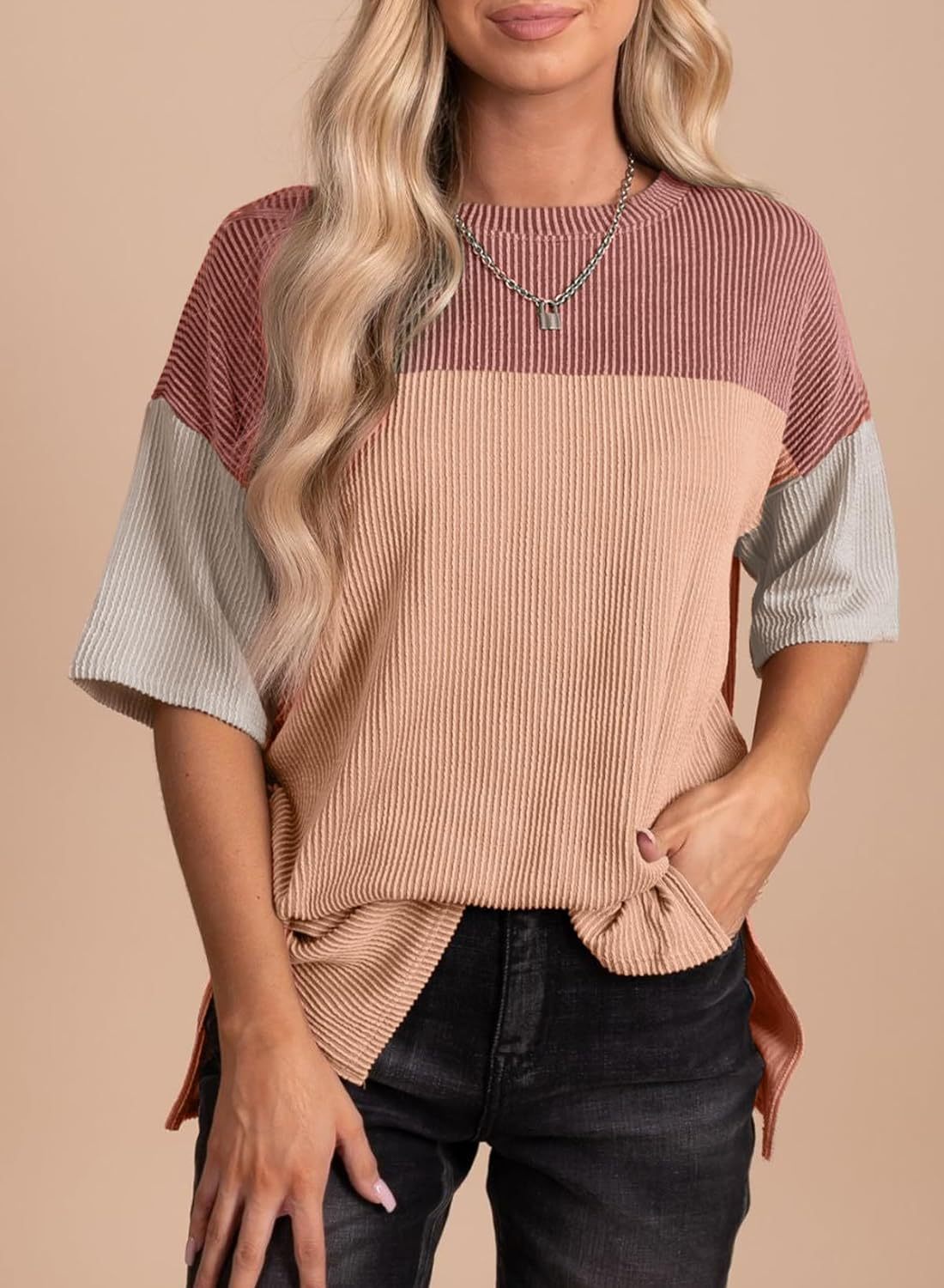 Ribbed Crew Neck Colorblock Top