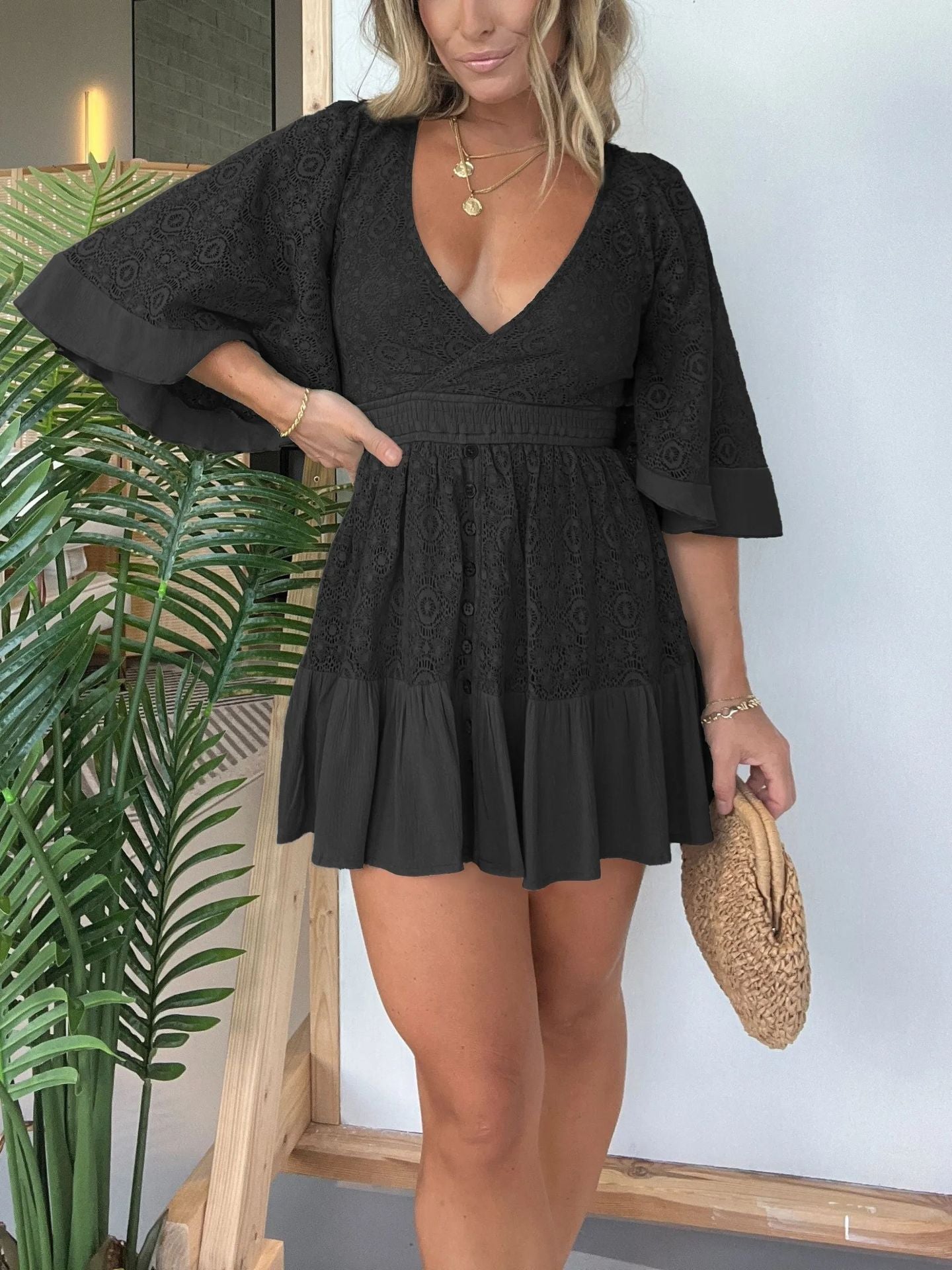 Lace Patchwork Bat Sleeve Dress