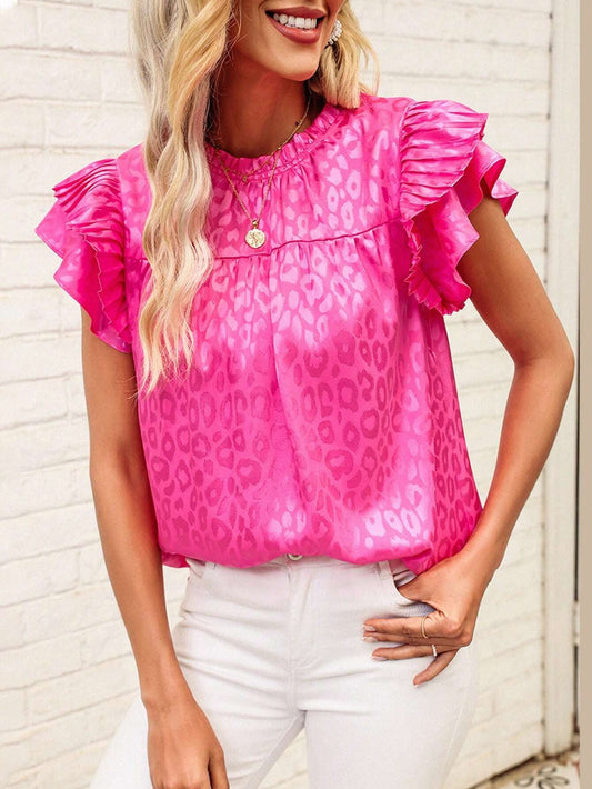 Leopard Pleated Tiered Ruffled Sleeve Blouse