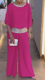 Sequined Flowing Top + Wide Leg Pants Suit