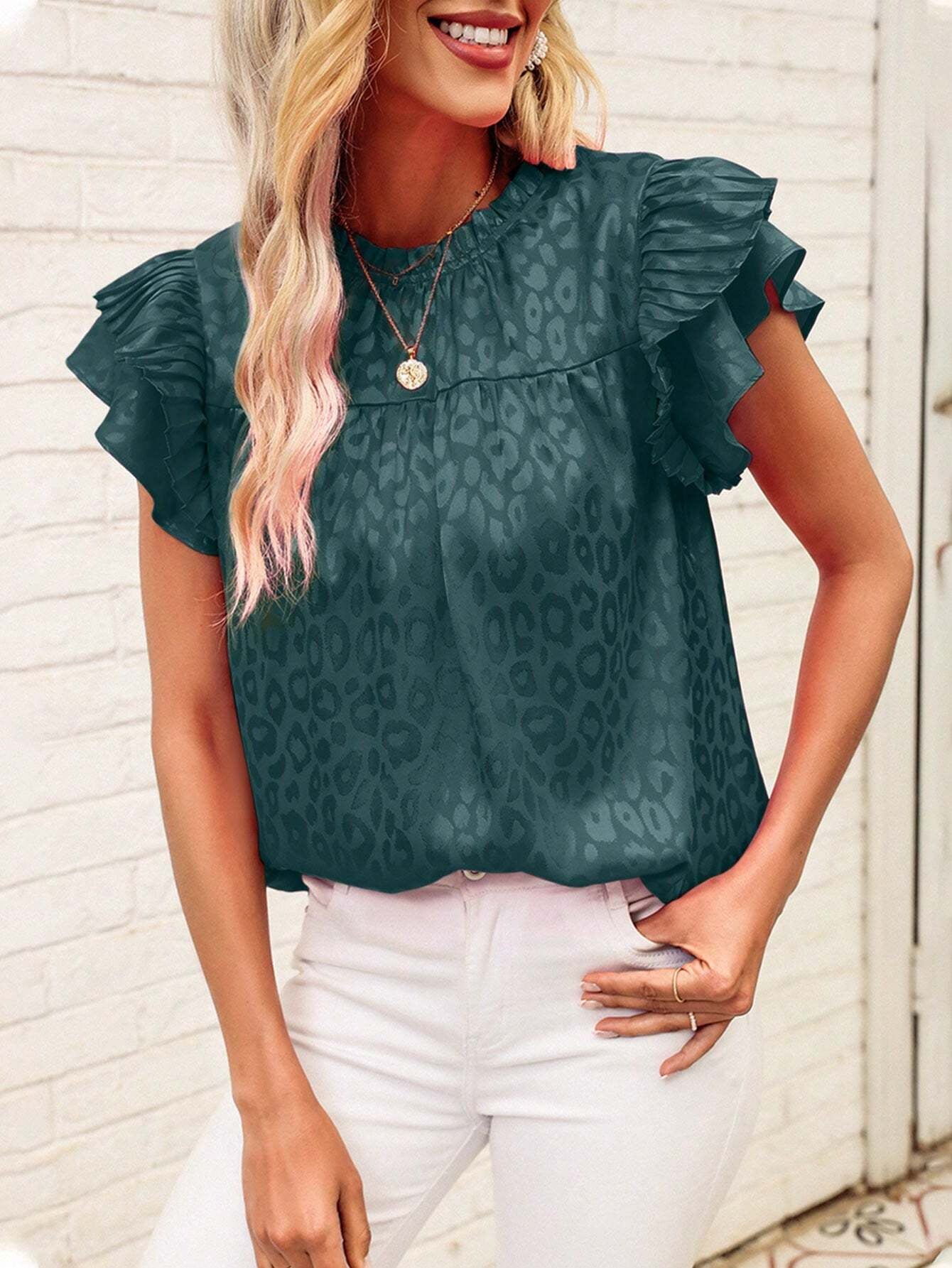 Leopard Pleated Tiered Ruffled Sleeve Blouse