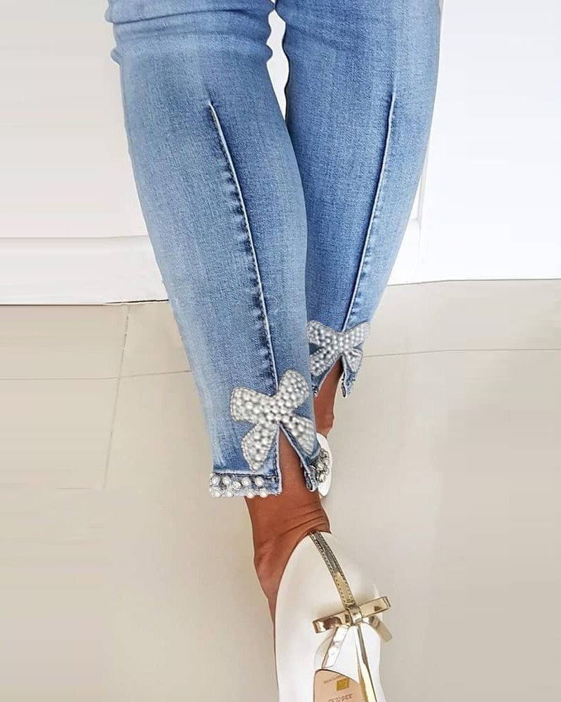 Bow Beaded Mid-Rise Skinny Jeans