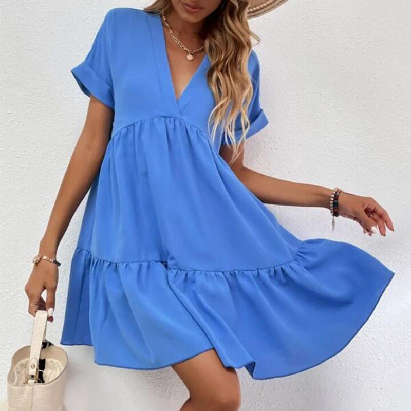 Solid V-neck Mini Dress