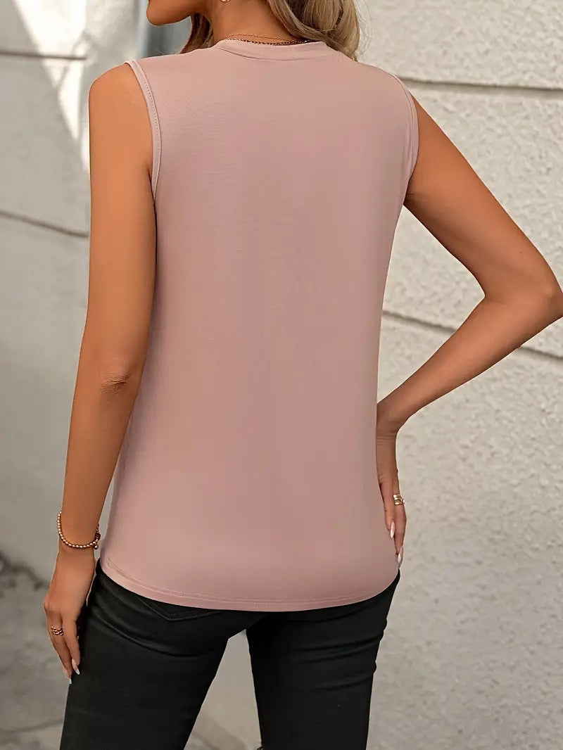 Solid Color Crew Neck Pleated Tank Top