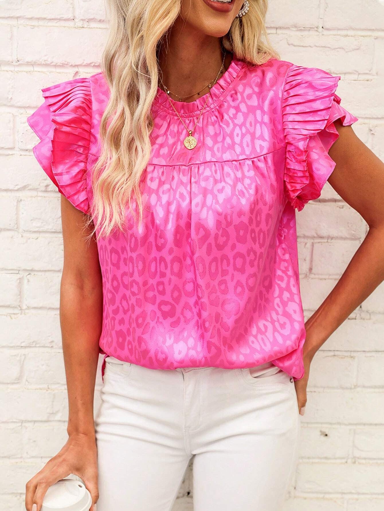 Leopard Pleated Tiered Ruffled Sleeve Blouse