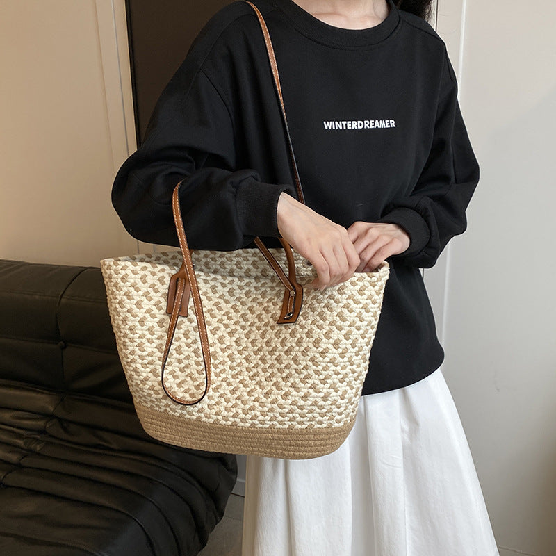 Contrast Woven Tote Shoulder Bag