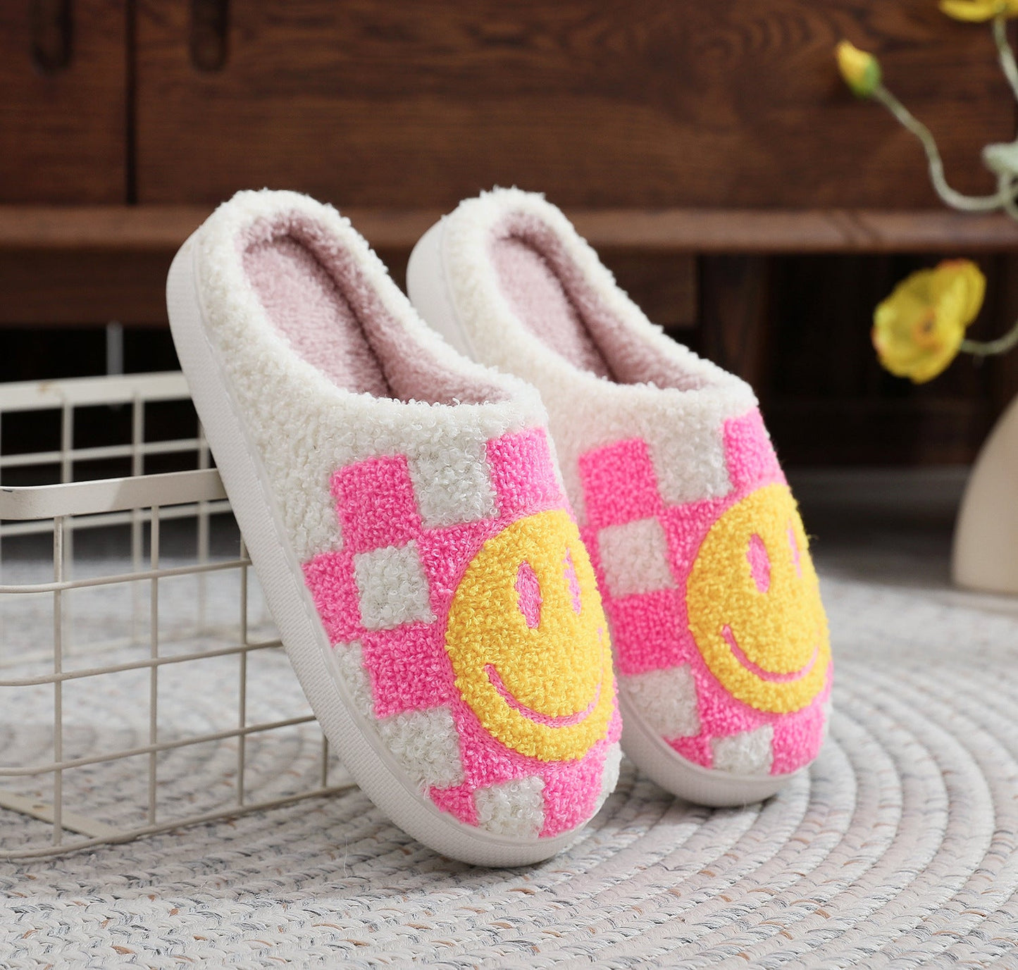 Checkered Smiley Face Slippers