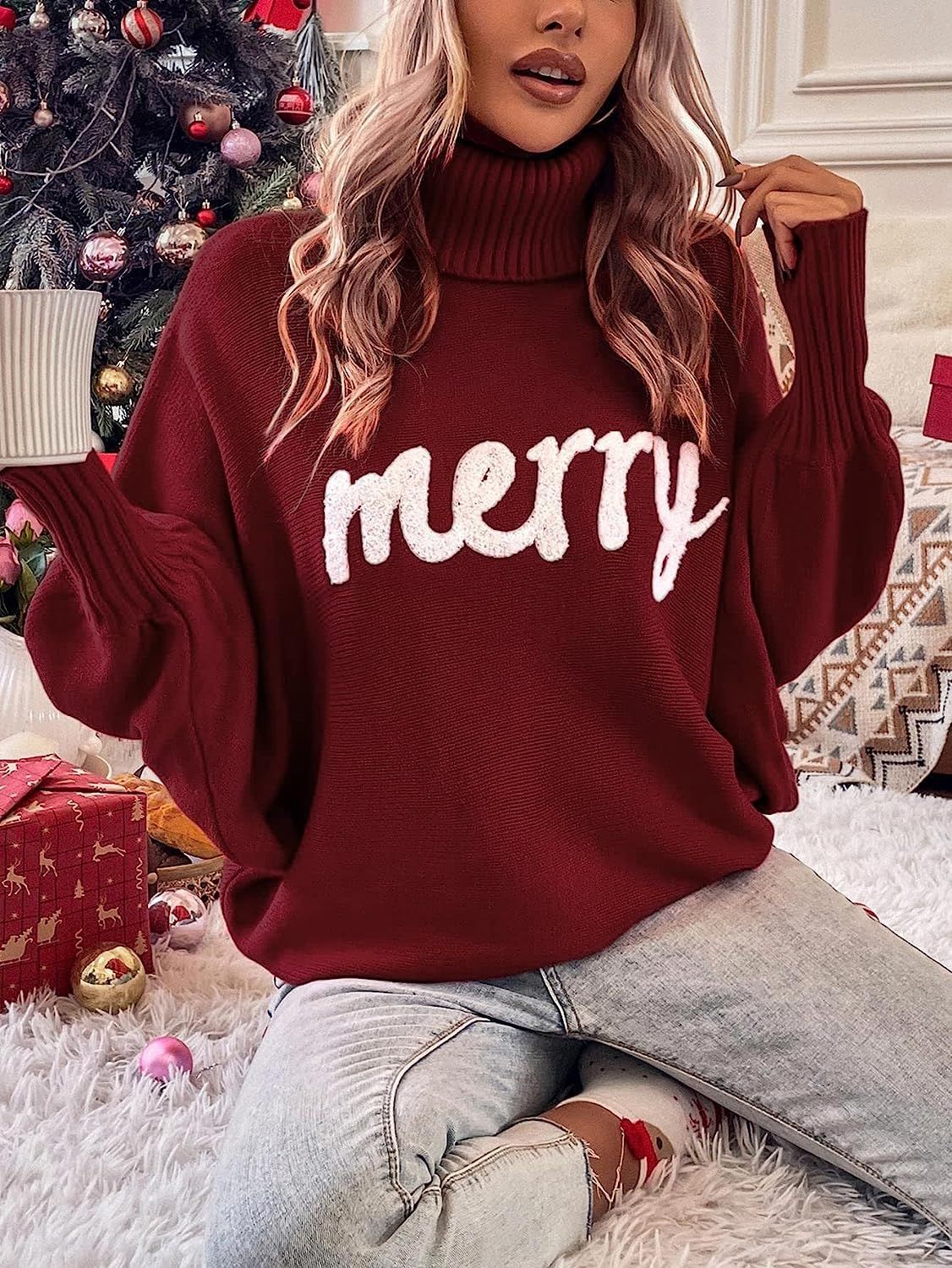 Turtle Neck Batwing Sleeve Merry Christmas Sweater