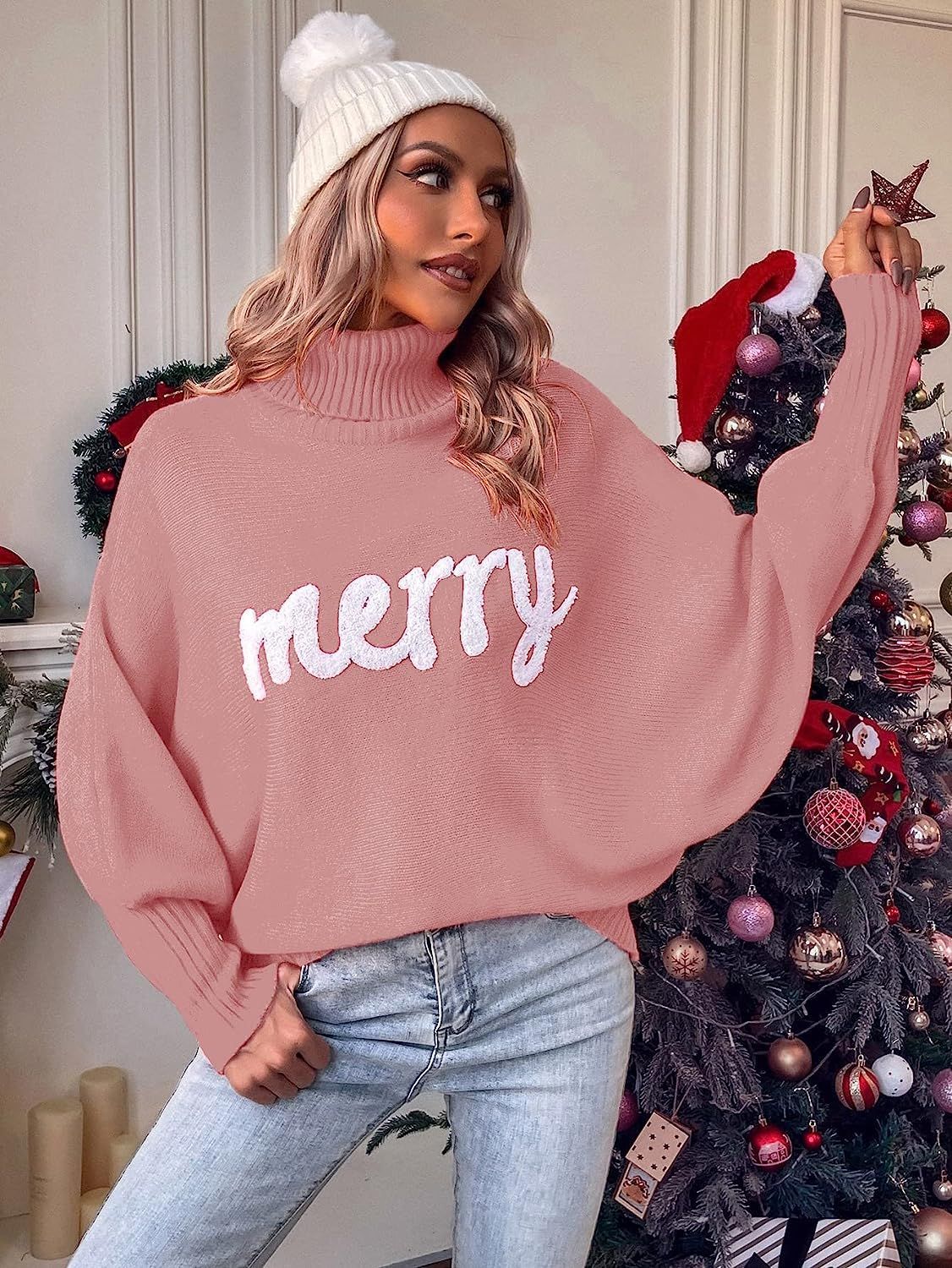 Turtle Neck Batwing Sleeve Merry Christmas Sweater