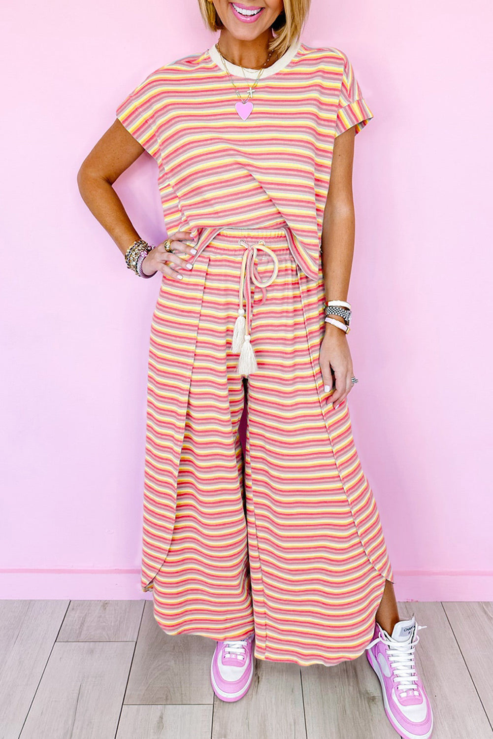 Stripe Tee Tasseled String Wide Leg Pants Set