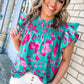 Floral Ruffled Flutter Sleeve Ruched Blouse