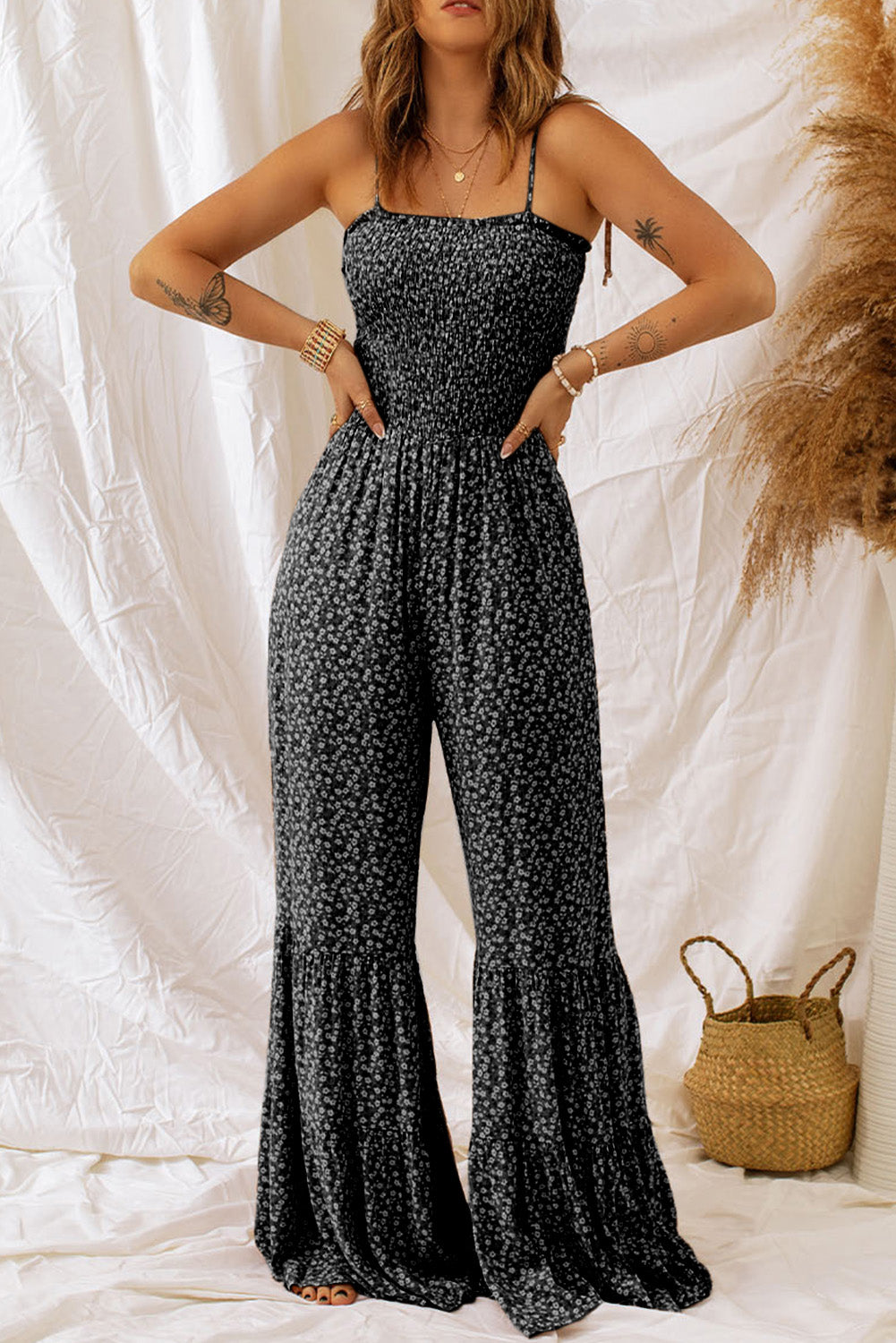 Straps Smocked Wide Leg Jumpsuit