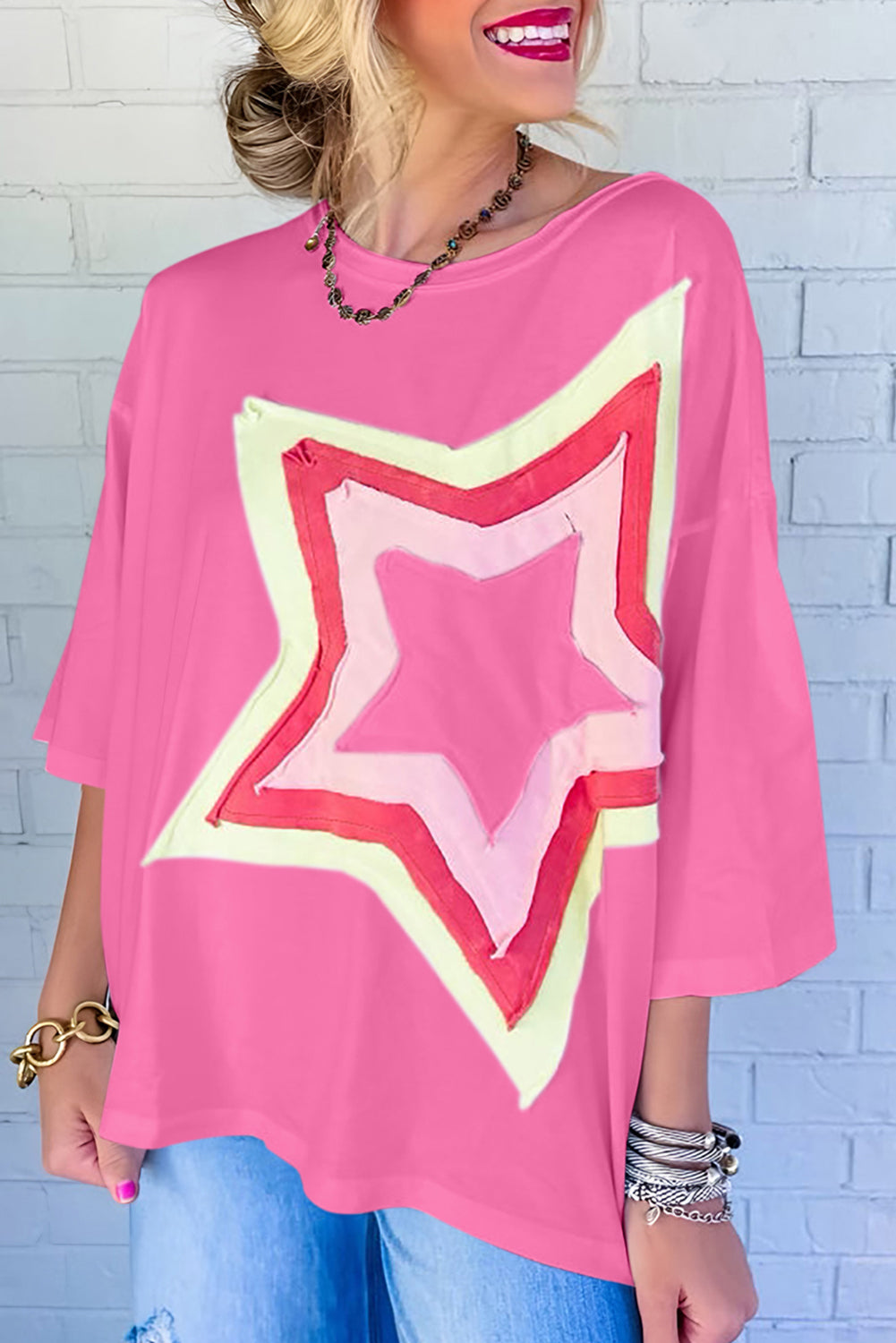 Star Patched Half Sleeve Oversized Tee