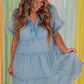 Wash Crinkle Split Neck Raw Hem Tiered Dress