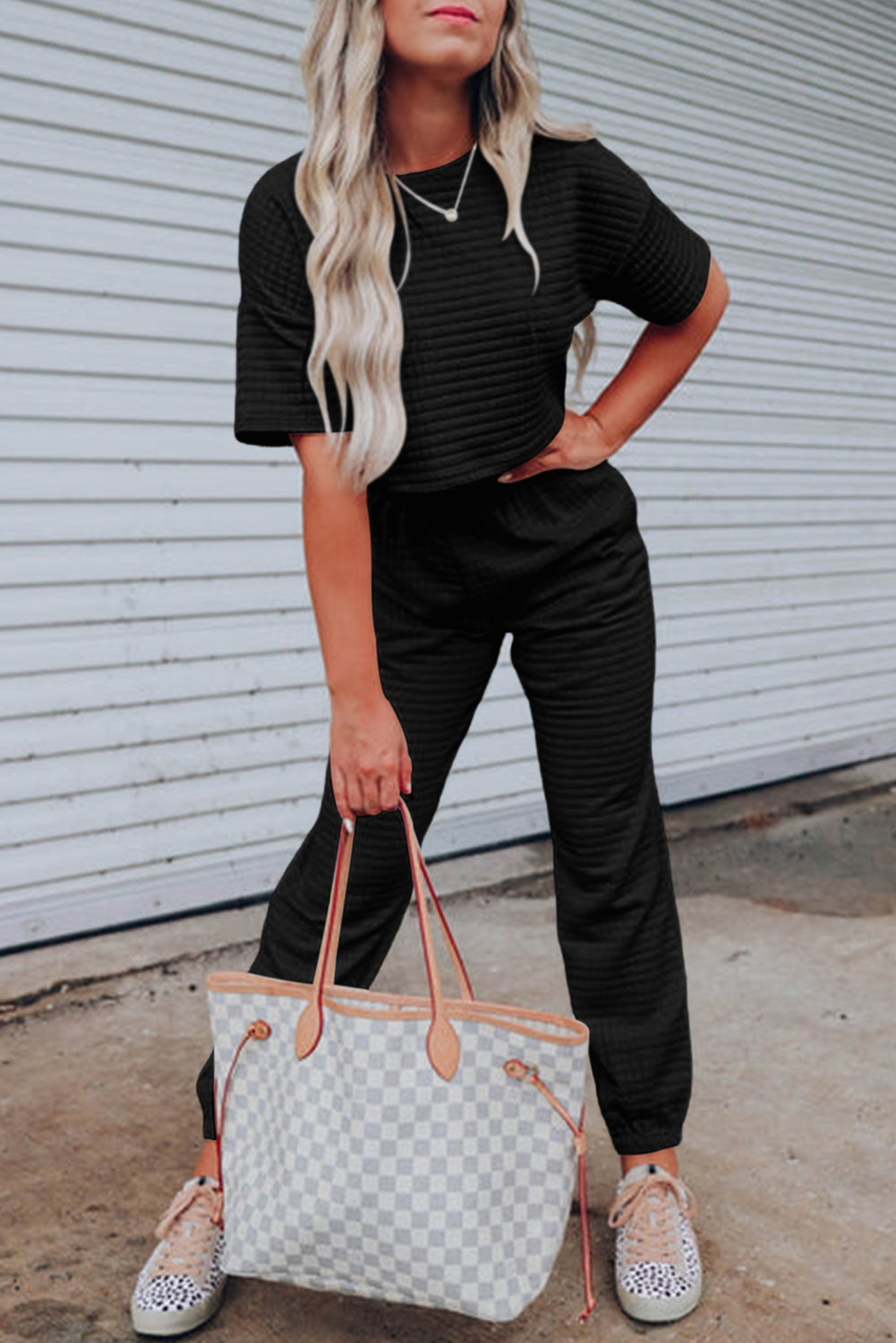 Lattice Textured Cropped Tee and Jogger Pants Set