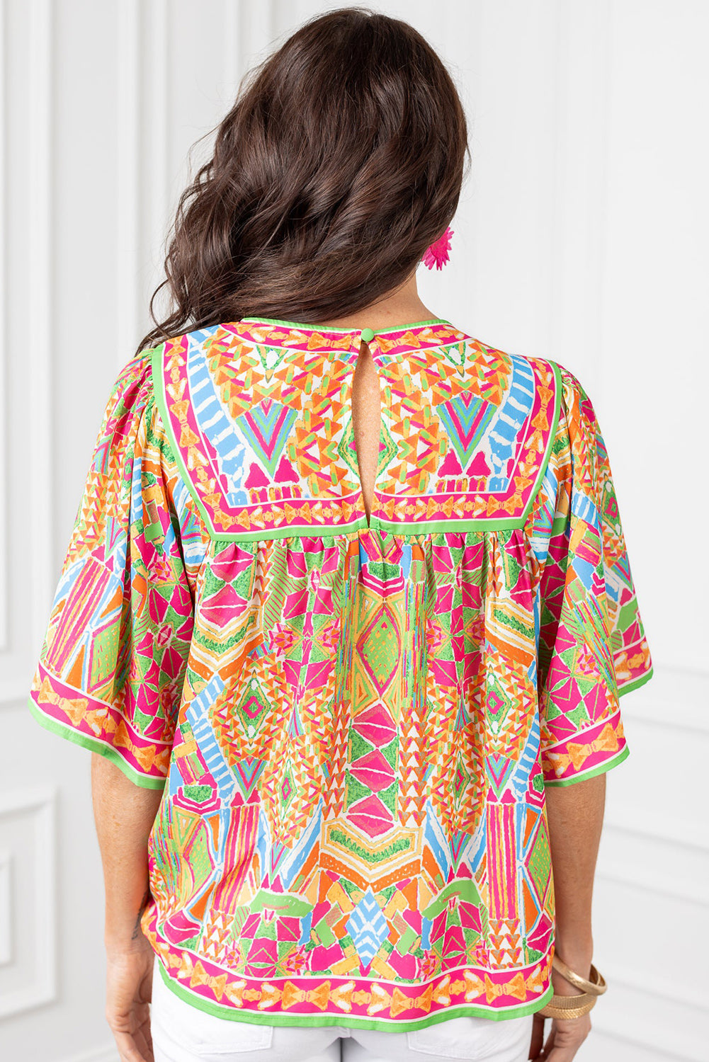 Geometric Bell Sleeve Babydoll Blouse