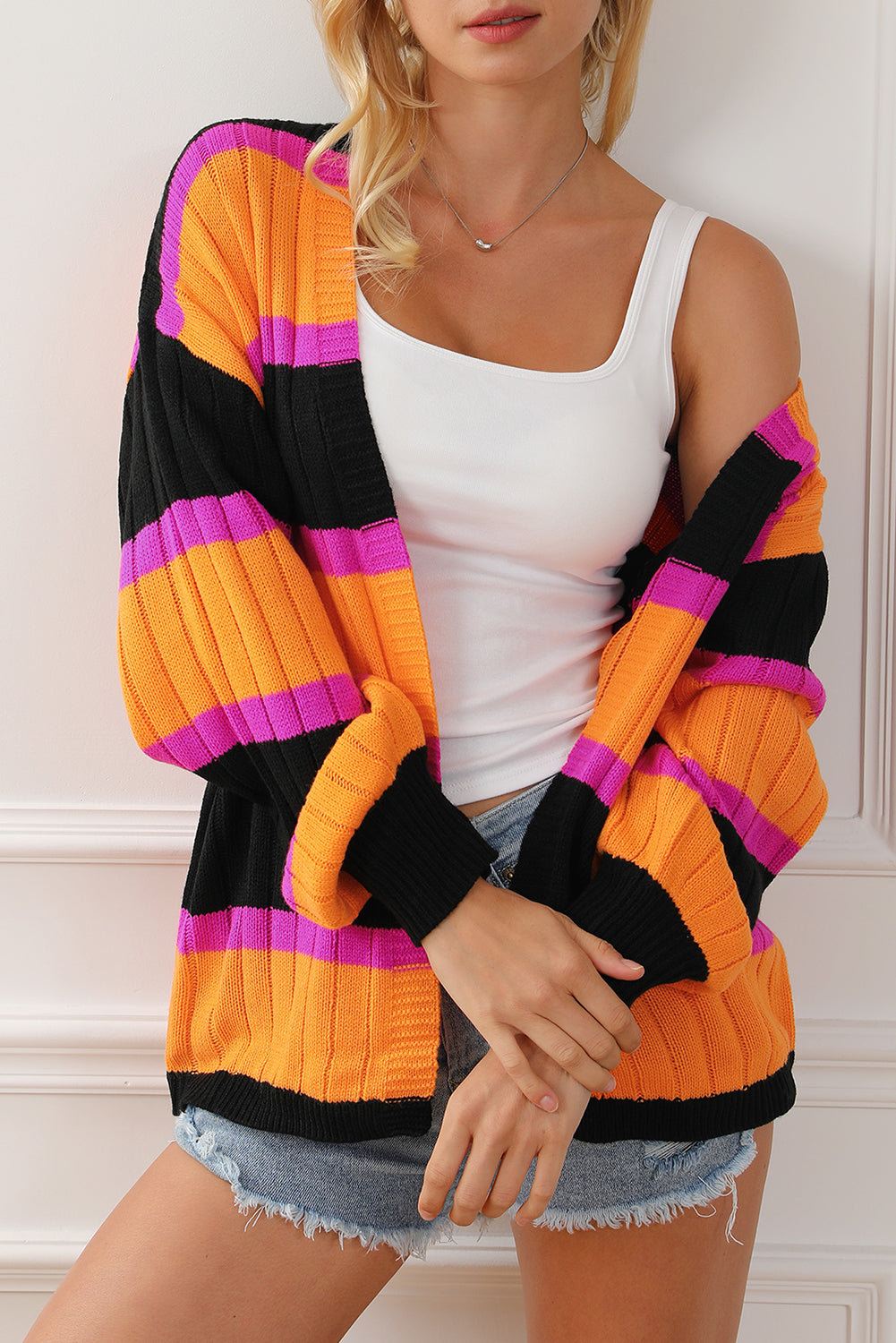 Striped Colorblock Drop Shoulder Slouchy Cardigan