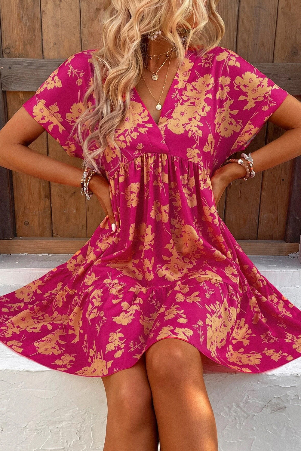 Floral Print Batwing Sleeve Smock Dress