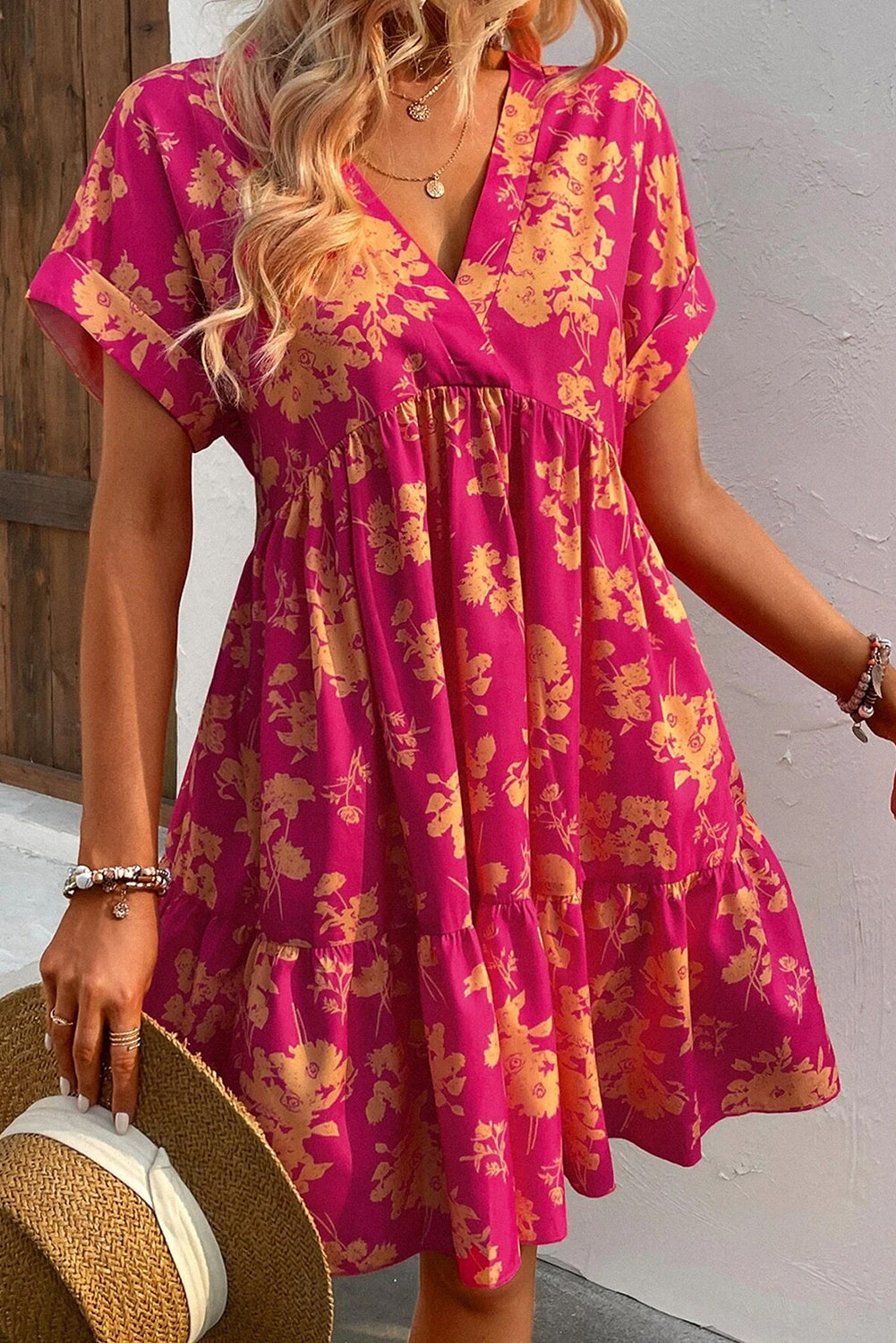 Floral Print Batwing Sleeve Smock Dress