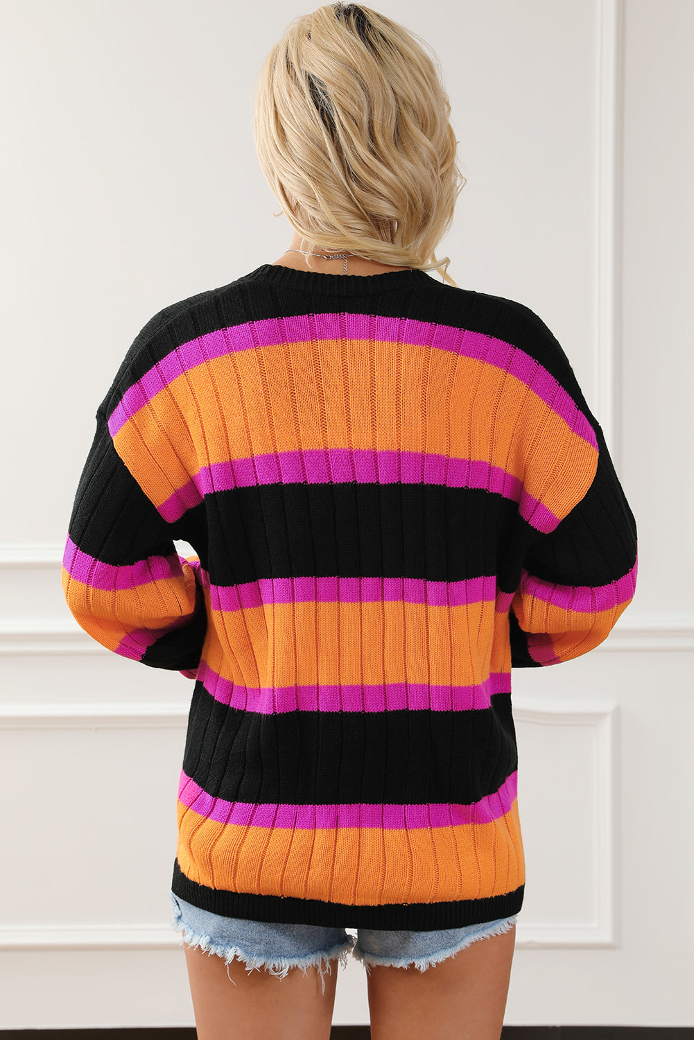 Striped Colorblock Drop Shoulder Slouchy Cardigan