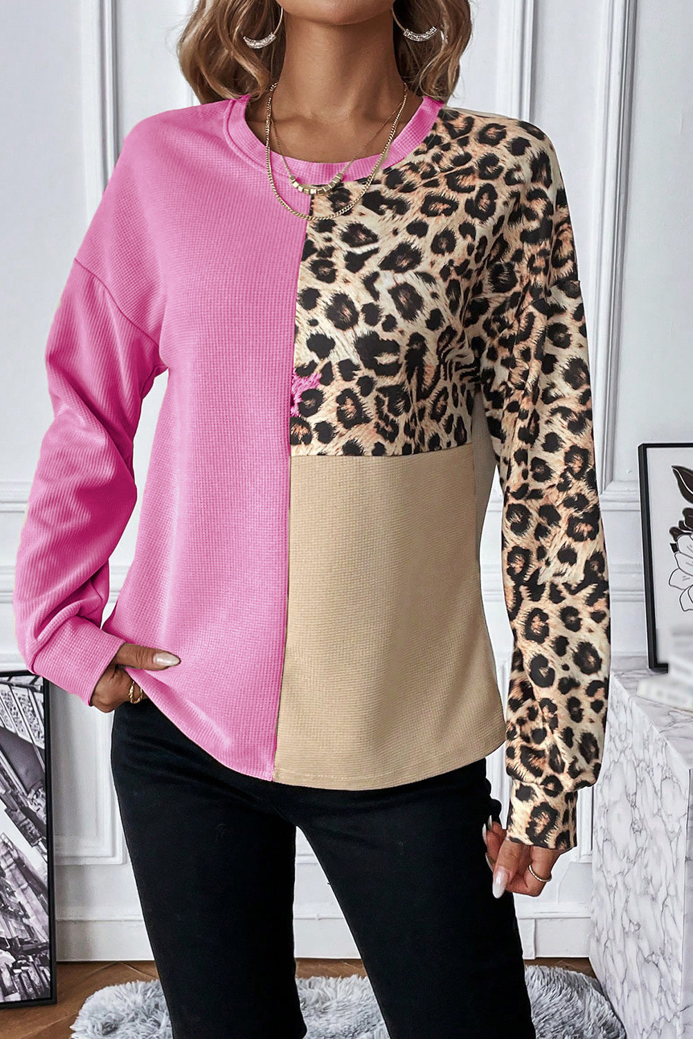 Leopard Colorblock Waffle Knit Top