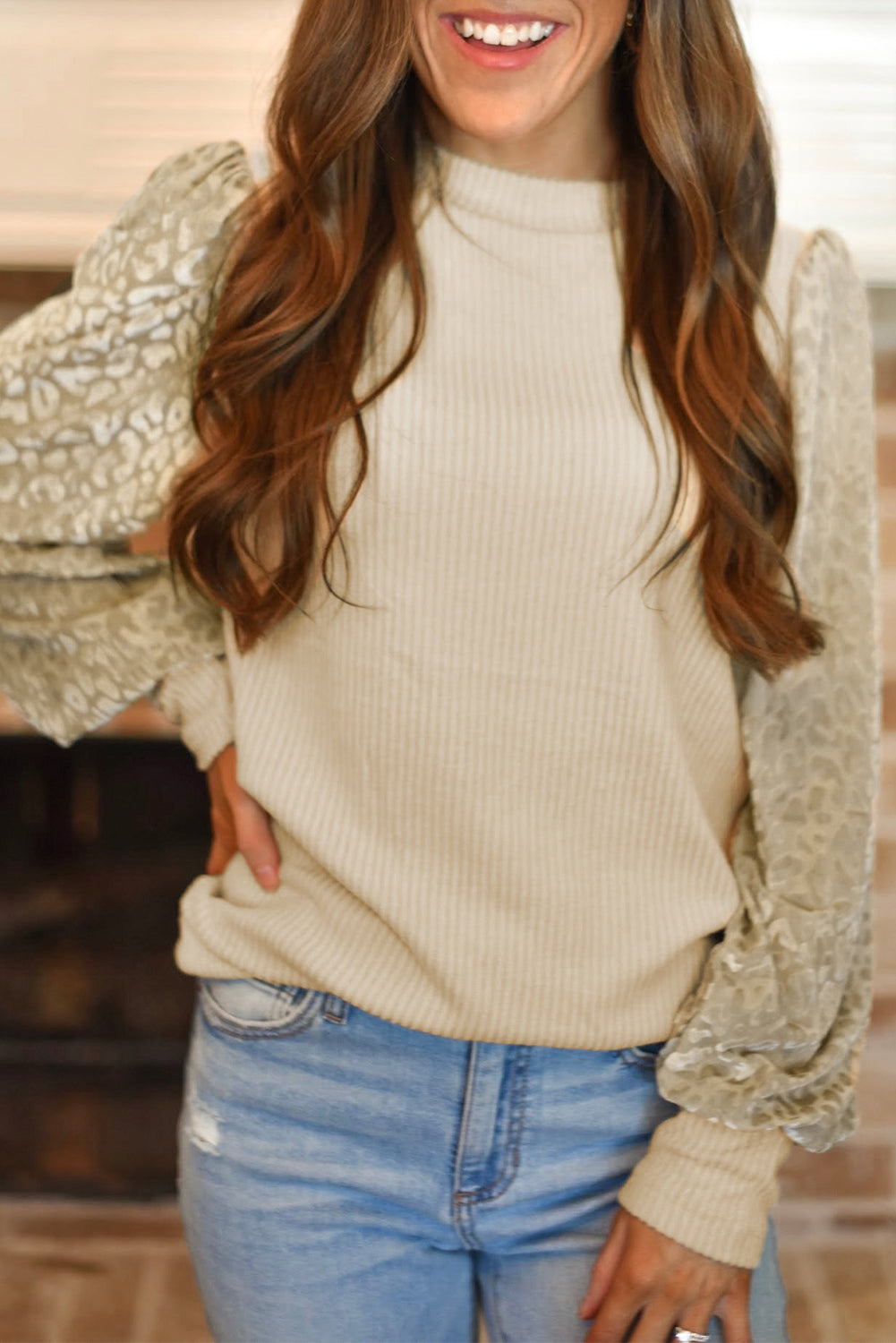 Leopard Print Ribbed Knit Blouse